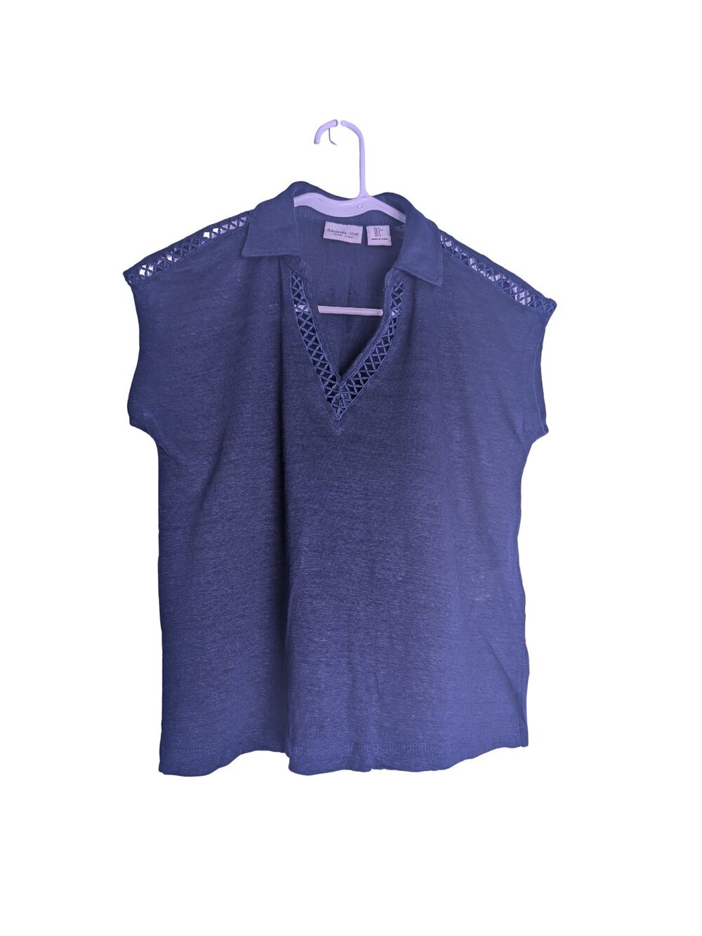 linen top Rachel Zoe navy blue US small 100% cotton cutout details